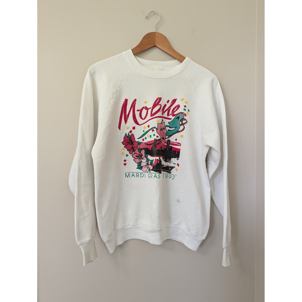 Vintage 1992 Mobile Mardi Gras Sweatshirt Fruit of the Loom White  Large USA
